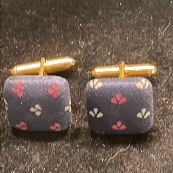 1” gold tone cuff links w/blue Damask fabric red white Fleur de Lis bullet back - Picture 3 of 11
